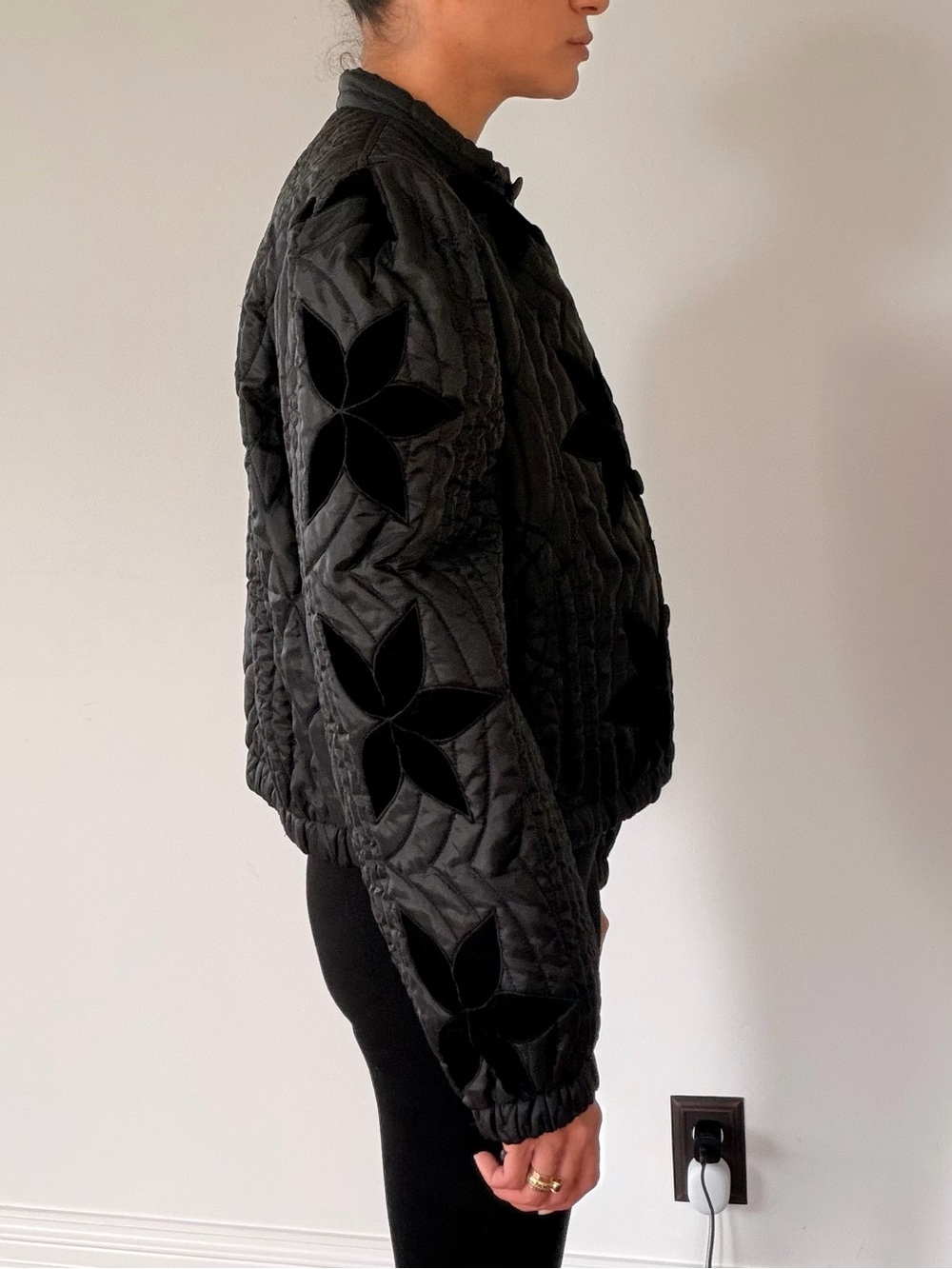 Free People Black Quilted Velvet Floral Bomber Jacket - Picture 2 of 5